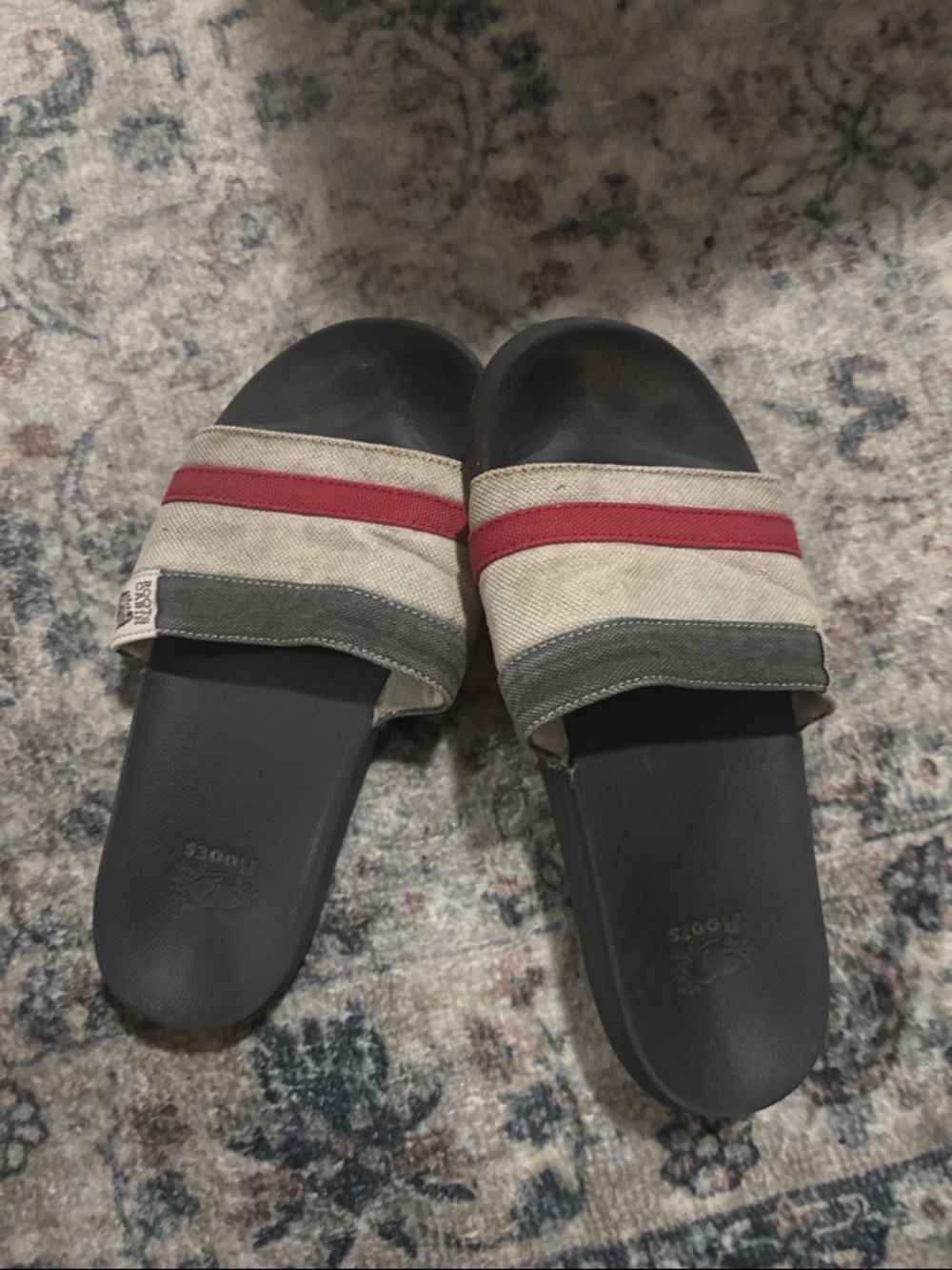 2/$15 Roots Women’s Black Slide Sandals with Beige and Red Straps